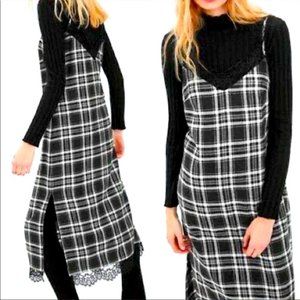 Plaid Midi Slip Dress with Lace Trim